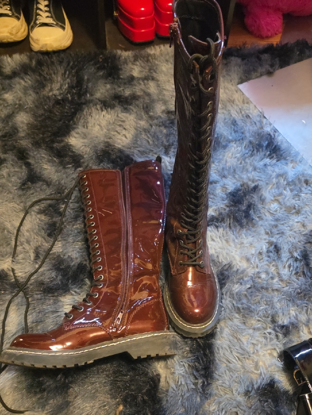 Wild Pair Women's Tall Lace-Up Patent Boots - Burgundy